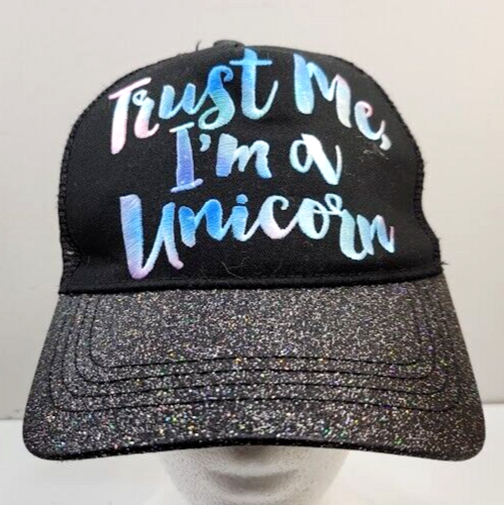 Trust Me I'm A Unicorn Mesh Snapback Trucker Hat with glittered bill